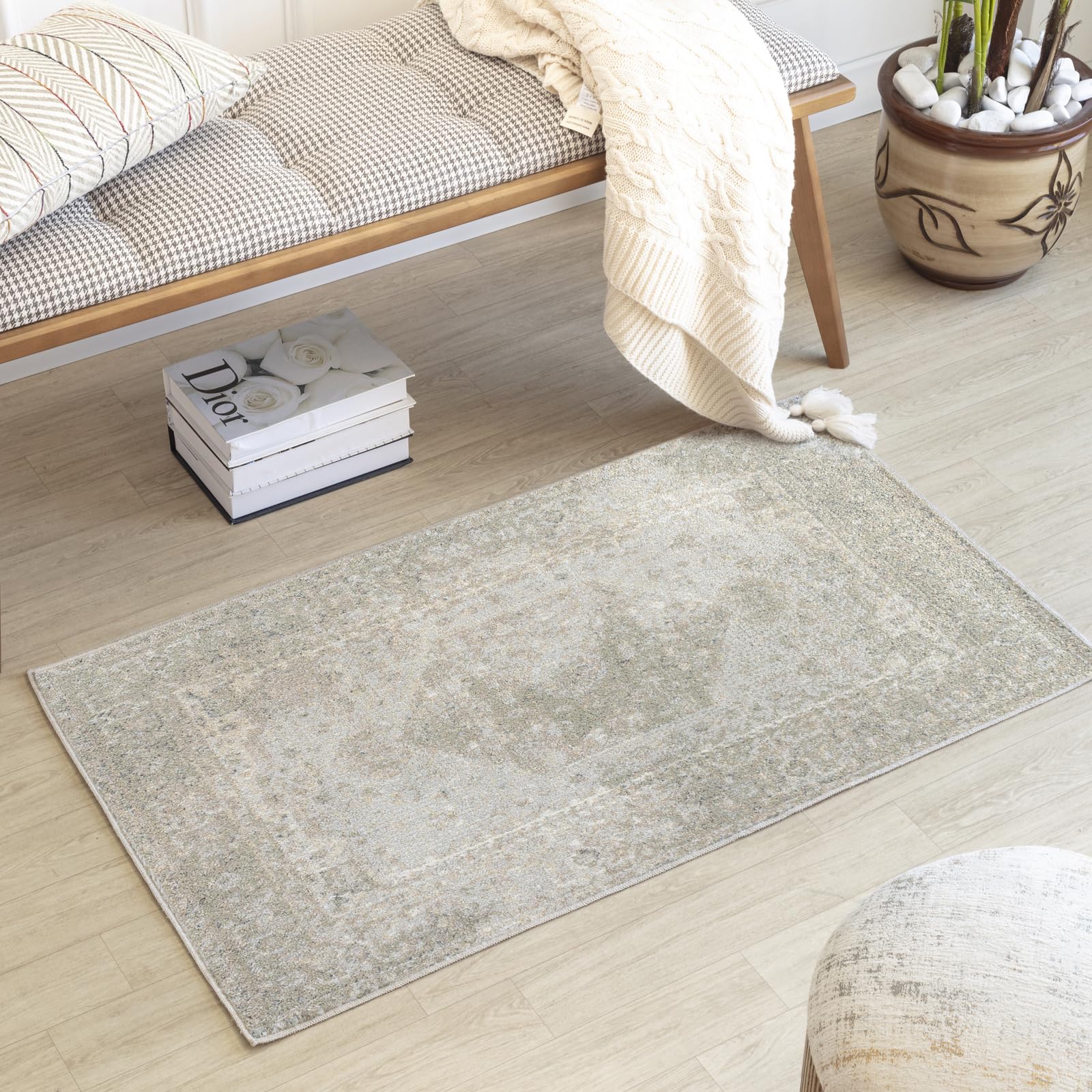 Livabliss Boka Dukan Washable Runner 66x115 cm – Vintage Boho Style for Hallway, Kitchen & Living Room, Machine Washable Easy Care Floor Covering, Beige Light Grey