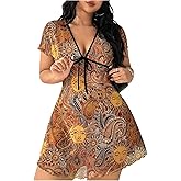 Floerns Women's Plus Size Paisley Print Dress Short Sleeve V Neck A Line Short Dresses