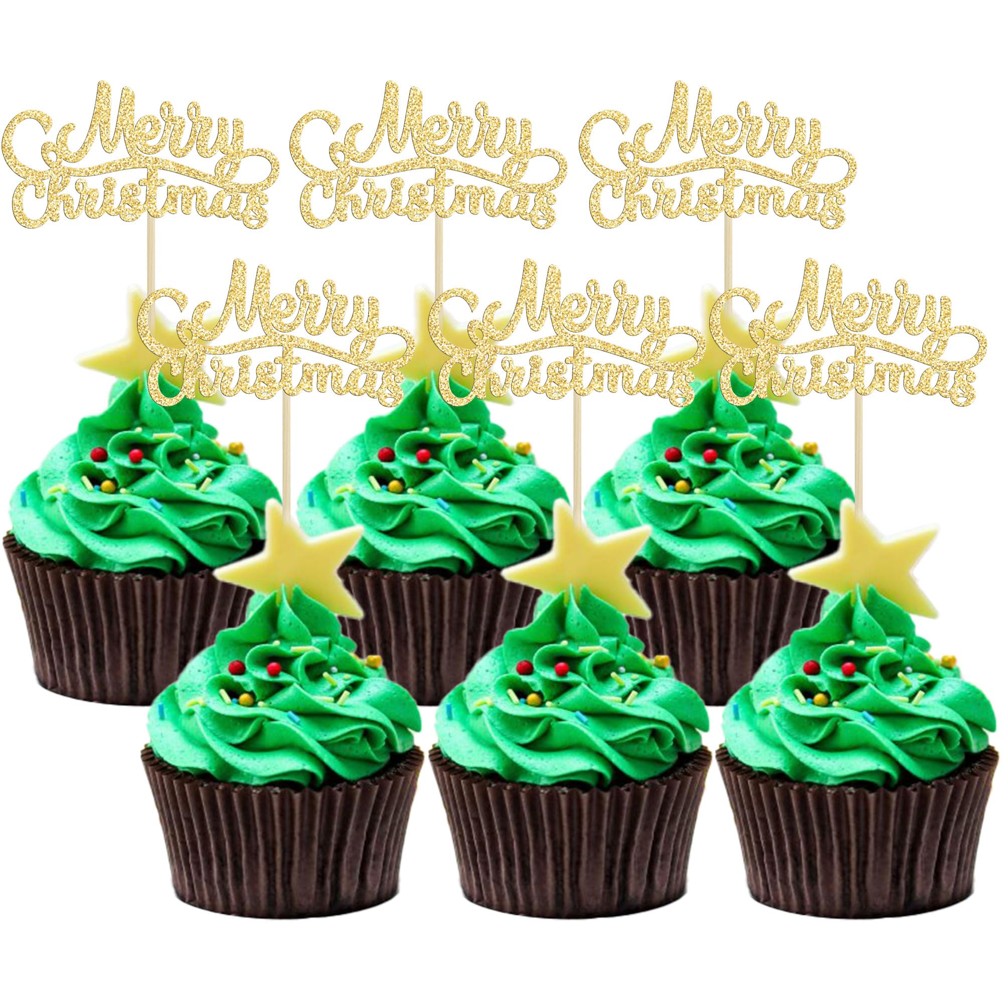 Gyufise 24 Pack Merry Christmas Cupcake Toppers Gold Glitter Holiday Xmas Cupcake Picks Decorations for Winter Christmas Party Supplies New Year's Eve Cake Decorations