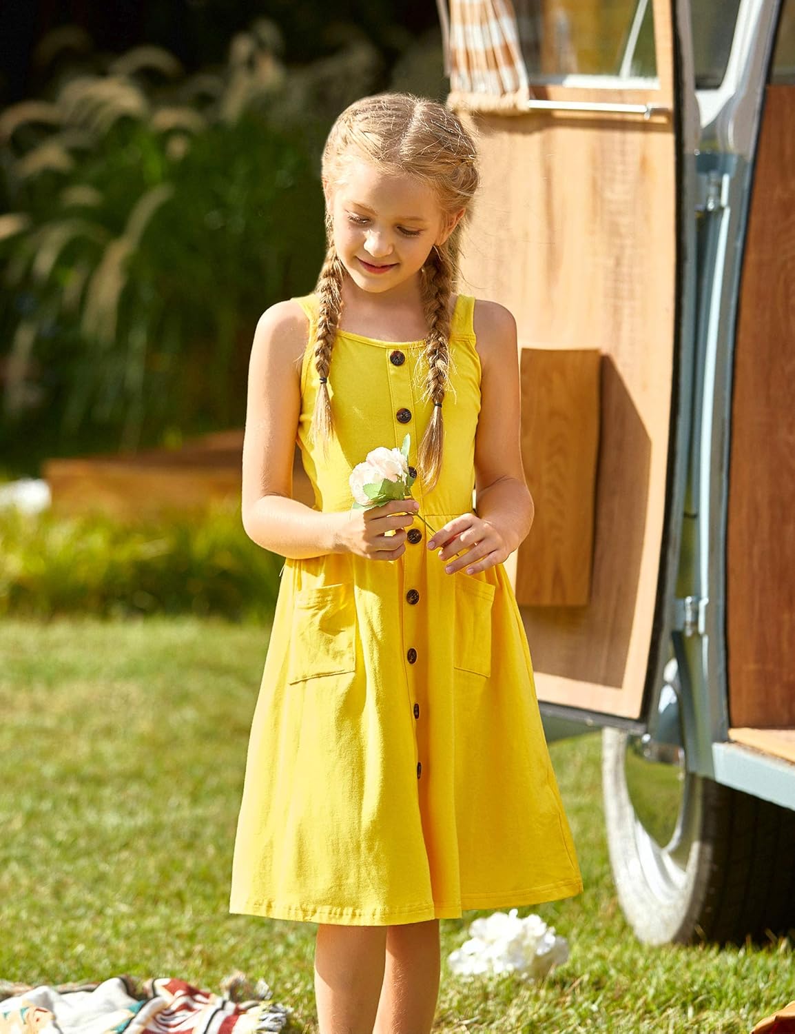 Arshiner Girl's Summer Sundress Spaghetti Strap Button Down Midi Dress with Pockets: Clothing