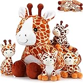 Honoson 5 Pcs Valentine Giraffe Stuffed Animals Set 18'' Large Mommy Giraffe Plush with 4 Cute Baby Zippered Tummy Softer for Kids Boy Girl Galentine New Year Birthday Favor Party(Grovel)