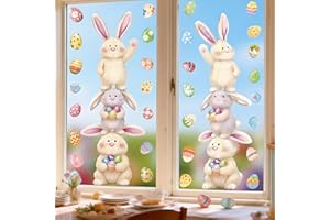 Easter Window Clings, 12"x35", 2-Pack Large Bunny & Egg Static Stickers, Extra Wide Spring Decals with Bonus Colorful Egg Sti