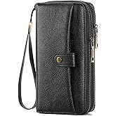 GAEKEAO Womens Wallet Large Capacity Double Zipper Ladies Card Phone Holder RFID Blocking Leather Clutch Wristlet Grip Strap