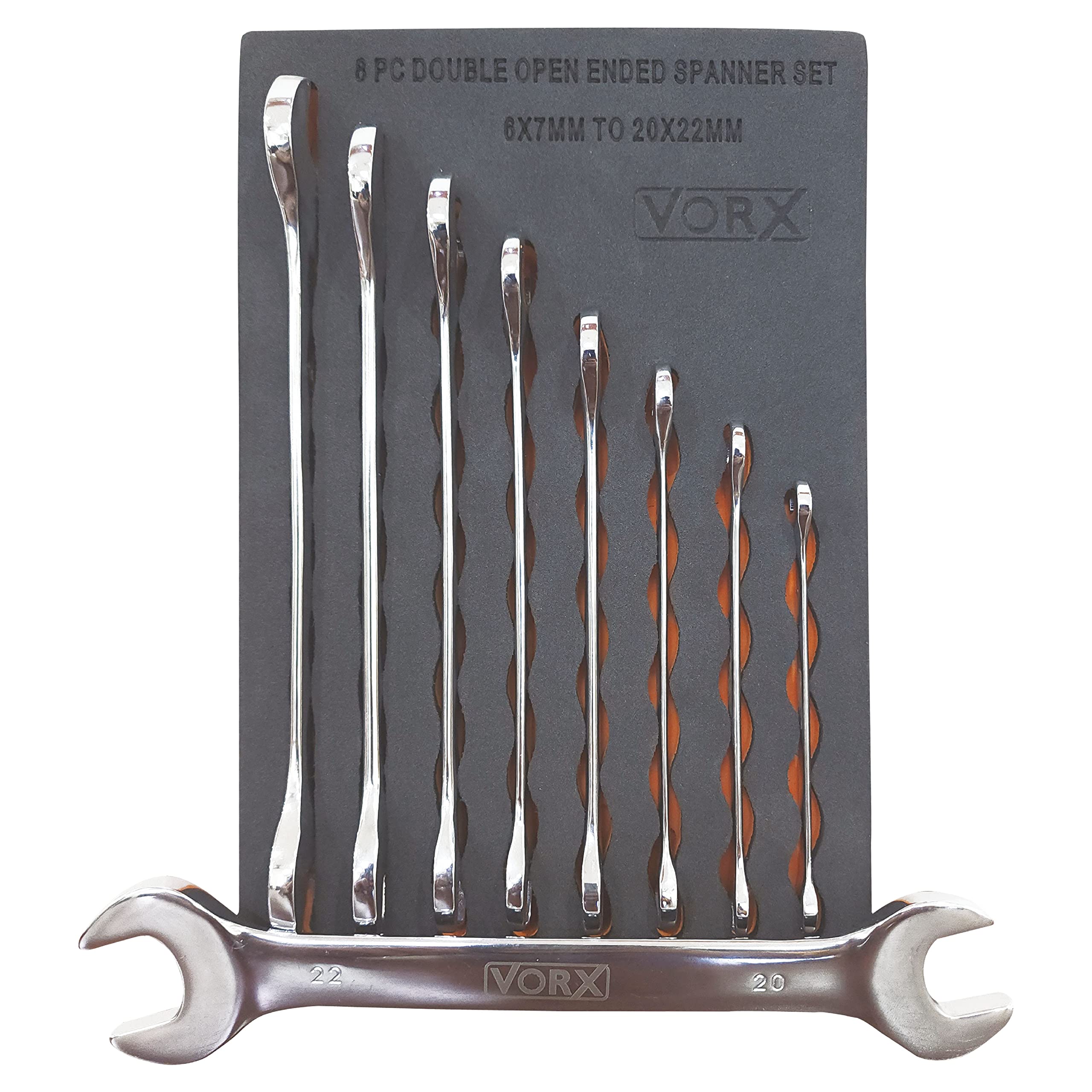 VORX Spanner Set 8pc Double Open Ended Spanner Set Deep Drop Forged 6x7metric to 20x22 Metric Sizes Supplied in Heavy Storage EVA Foam Tray 1% of Sale Value Will be Donated to Hospital Sheffield