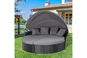 Incbruce Patio Furniture Outdoor Daybed with Retractabl Ceanopy, Wicker Outdoor Sectional Furniture Patio Round Daybed, All-Weather Separates Cushioned Seats for Patio Backyard Pool (Black)
