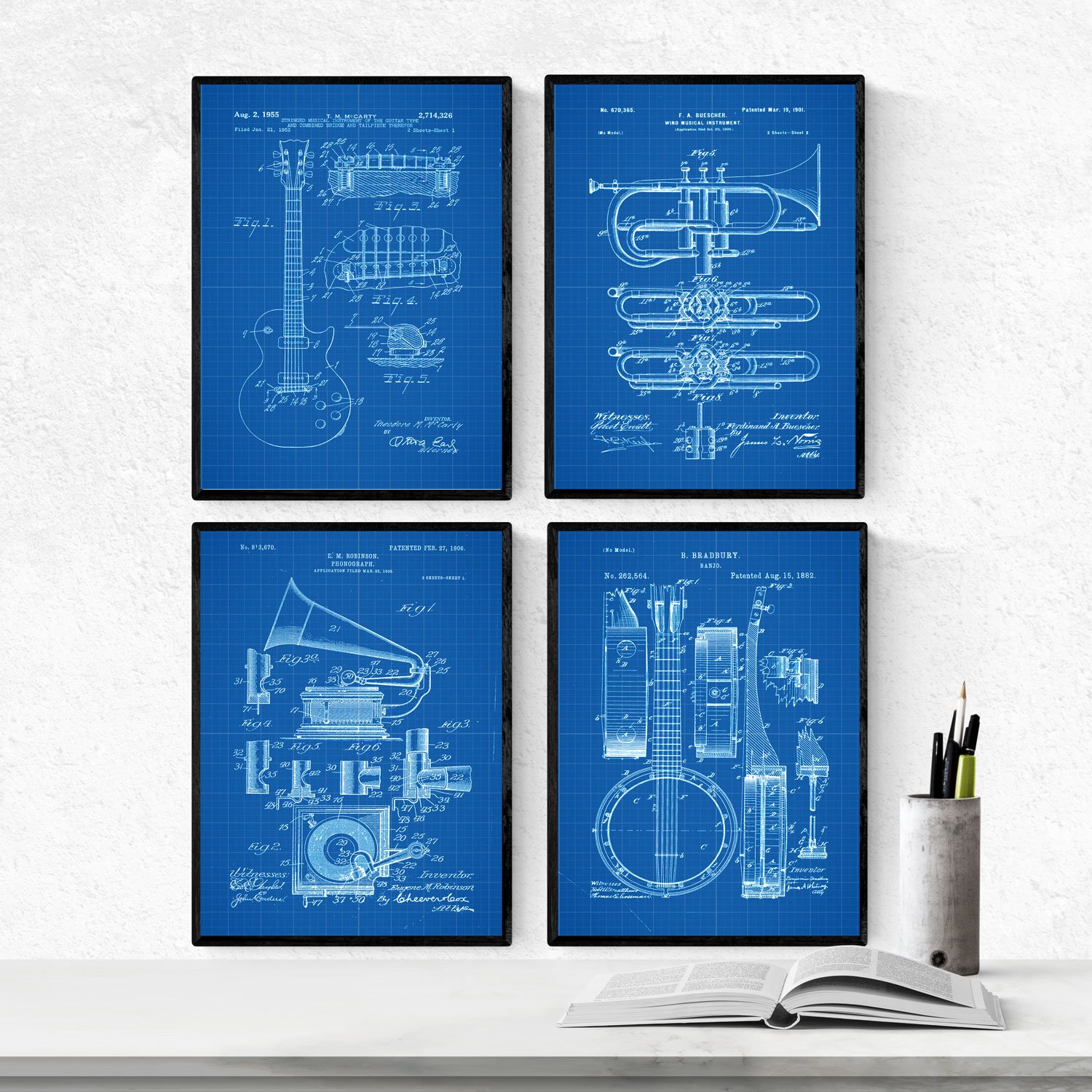 Nacnic BLUE - Pack of 4 sheets MUSIC patent. Set posters with inventions and old patents. Choose the color you like. Printed on 250 grams — image 1