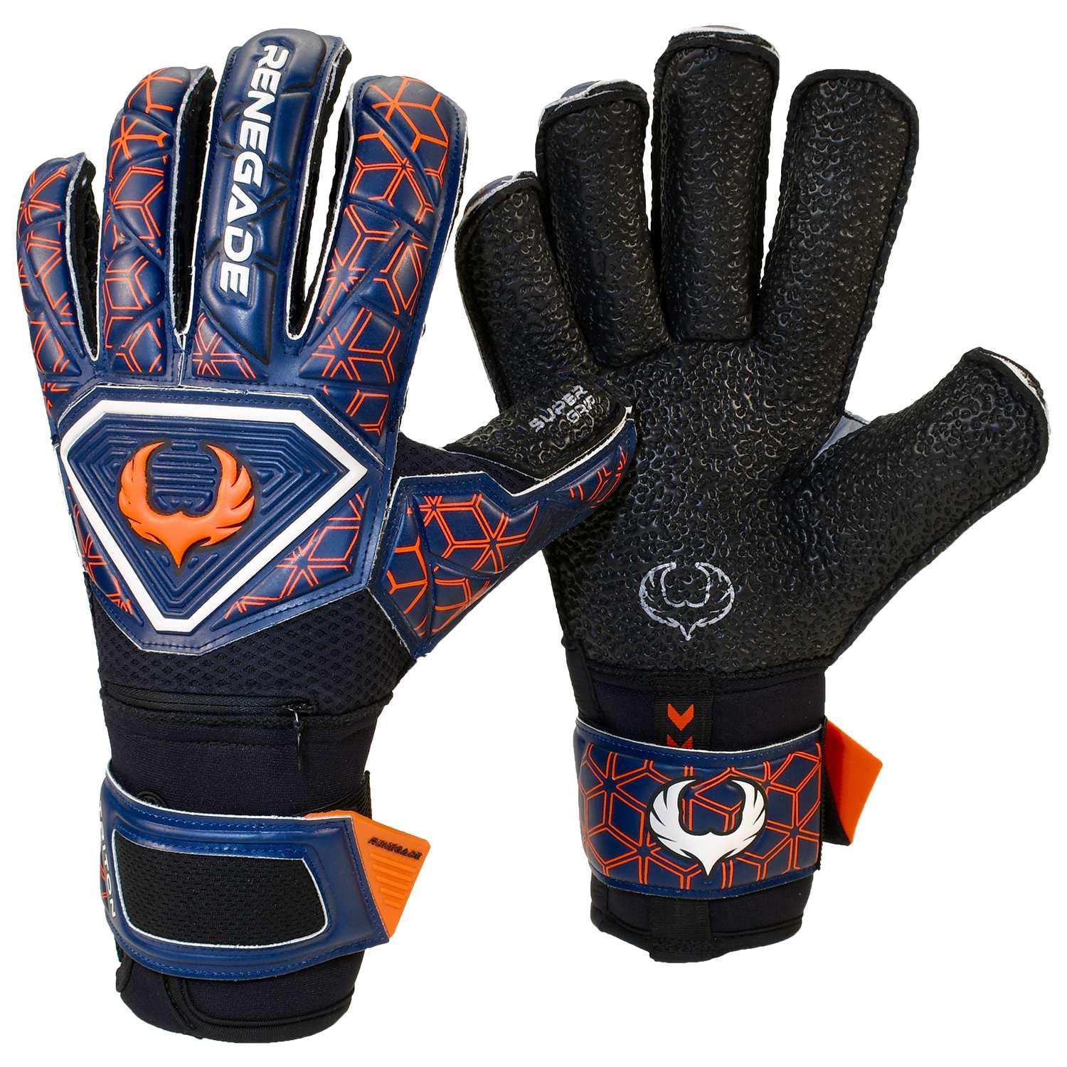 Renegade GK Triton Octane Goalie Gloves with Pro-Tek Fingersaves | 3.5+3mm Super Grip| Black, Blue & Orange Goalkeeping Gloves (Size 9, Youth-Adult, Roll Cut, Level 2)