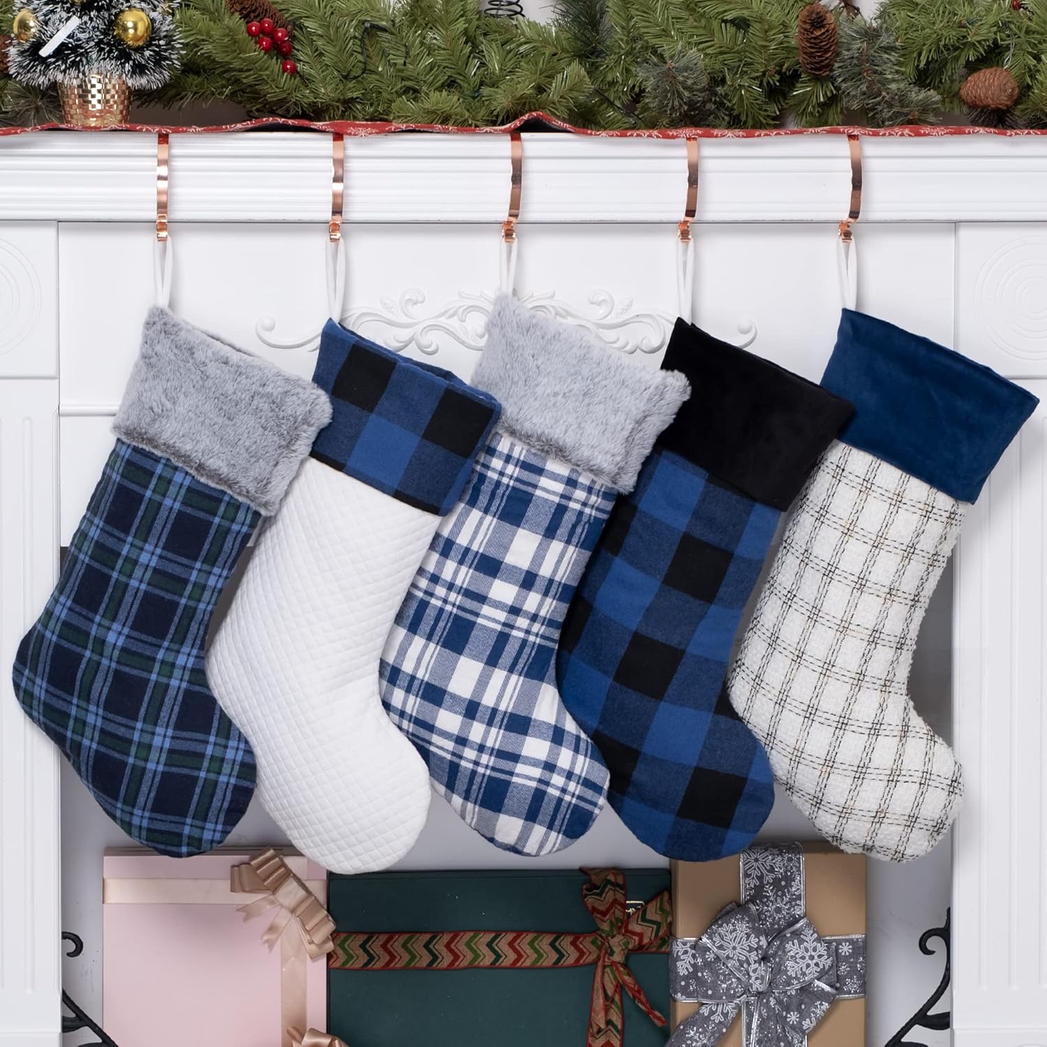Stockings & Holders - BHD BEAUTY Blue Plaid Christmas Stockings Set 5 Xmas Stockings 2023 New Decoration 20