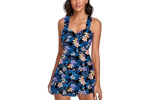 Smicabe Women's Elegant Crossover Swimsuits Two Piece Tummy Control Bathing Suits Floral Swim Dress with Shorts