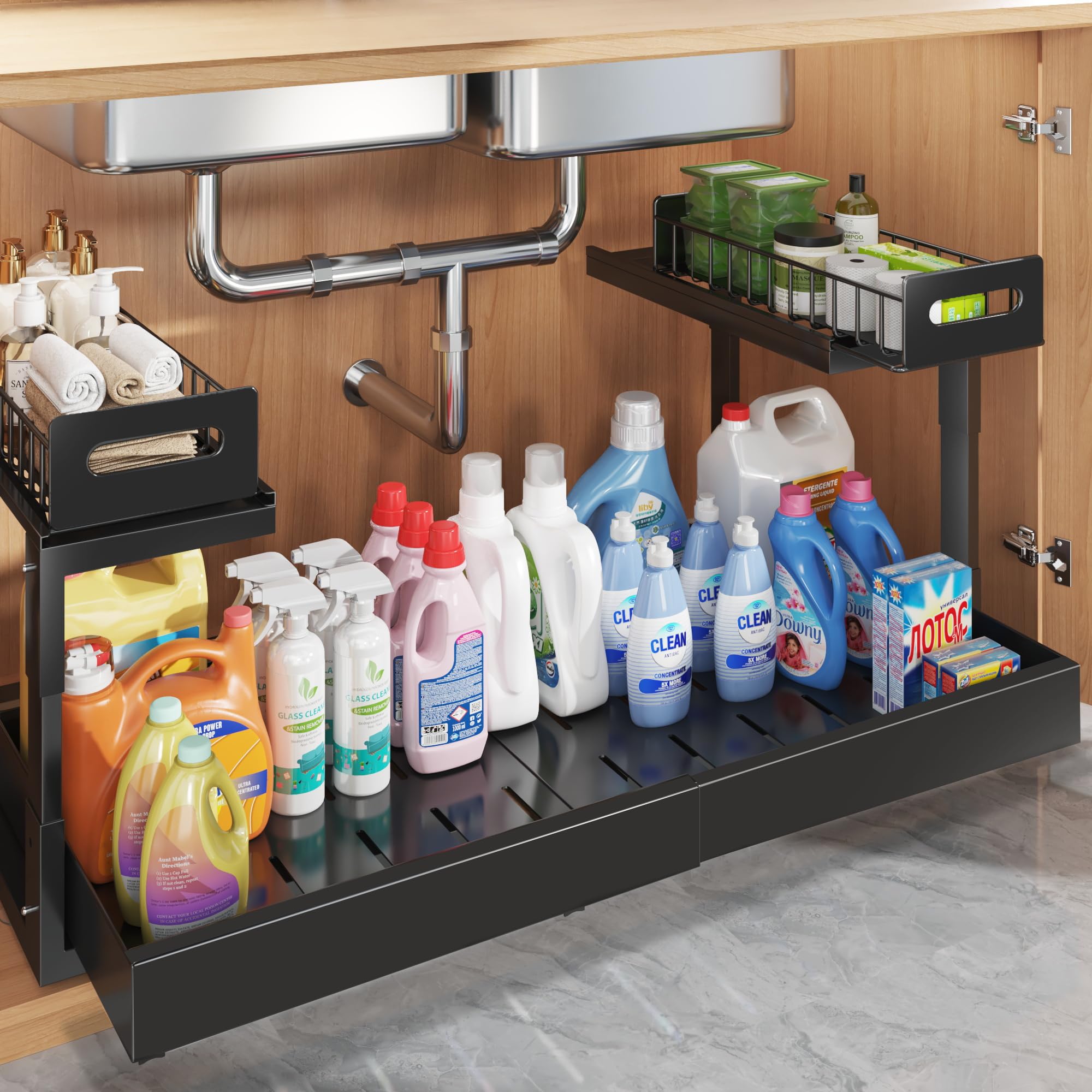 Photo 1 of 1 Pack-19"-32"W Expandable Under Sink Organizer With Upgrade Ball-Bearing Slide,2-Tier Pull Out Under Cabinet Organizer Height Adjustable,Not Suitable For Cabinets With Partitions In The Middle
