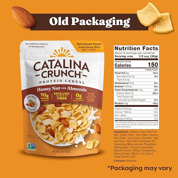 CATALINA CRUNCH PROTEIN CEREAL – BREAKFAST CEREAL WITH 10G OF PROTEIN, NO ADDED SUGAR – GLUTEN FREE – HONEY NUT WITH ALMONDS – 8 OZ. BAG (PACK OF 1), PACKAGING MAY VARY