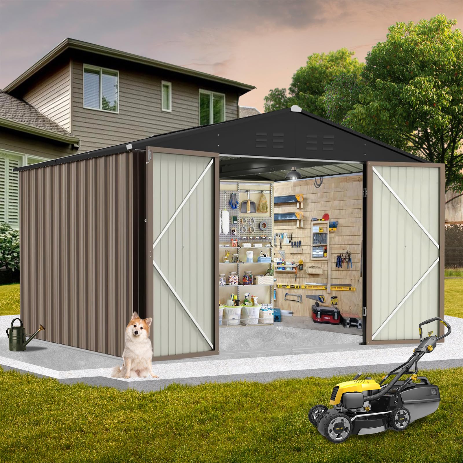 Photo 1 of (INCOMPLETE SET) GarveeLife 7.5 x 8.5 Ft Outdoor Storage Shed with Updated Frame Structure & Lockable Door, Waterproof Practical Garden Patio Lawn Poolside Metal Tool Shed Designed for Organization & Storage, Brown