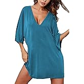Ekouaer Women's Sleepshirt Deep V Neck Nightgown Batwing Nightshirt Oversized Sleepwear