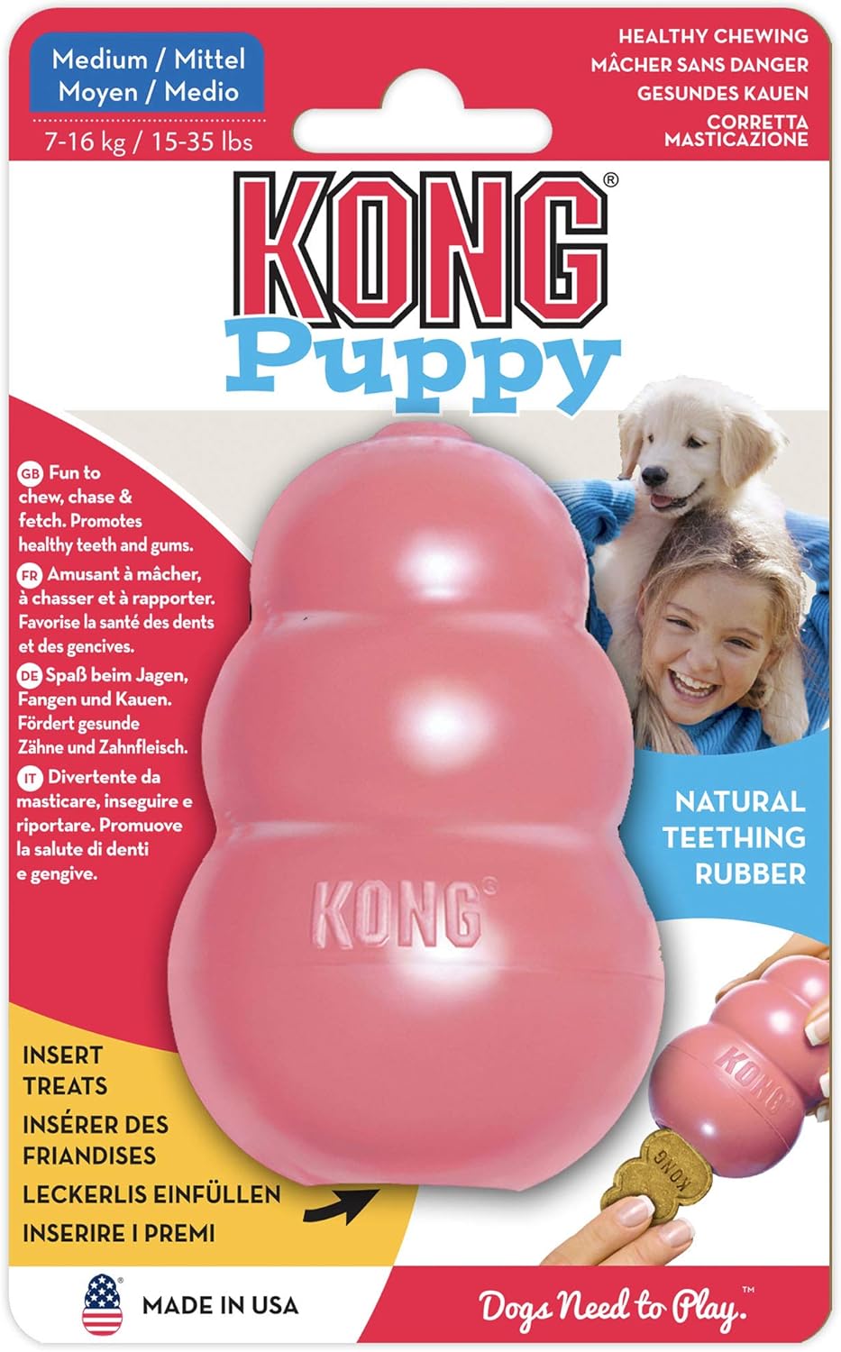 Pet Supplies : Pet Chew Toys : KONG KP24 Puppy Toy - Natural Teething Rubber - Fun to Chew, Chase and Fetch (Colors May Vary), 035585131214, Medium, Assorted Pink or Blue : 