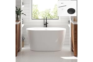 FerdY 47" Bali Acrylic Freestanding Bathtub, Gracefully Shaped Freestanding Soaking Bathtub, cUPC Certified, Toe-Tap Matte Black Drain and Minimalist Linear Design Overflow Included