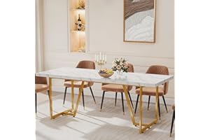 DWVO 82.6'' Large Modern Dining Table for 8-10 People, Rectangular White Kitchen Dining Room Table with Faux Marble Tabletop and Geometric Gold Metal Legs, Wood Dinner Tables for Family Gathering