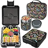 Bento Lunch Box Set for Kids with 10oz Soup Thermo, Leak-Proof Lunch Containers with 4 Compartment, Kids Thermo Hot Food Jar and Insulated Lunch Bag for Kid to School,BPA-Free(Black-Game Console)