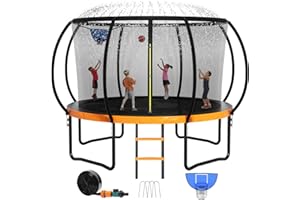 Zevemomo 12FT 14FT 16FT Outdoor Trampoline for Kids & Adults, Recreational Trampoline w/Ladder & Safety Net, Heavy Duty Backyard Metal Trampoline, 400/450LBS Round Pumpkin Trampoline, ASTM Approved
