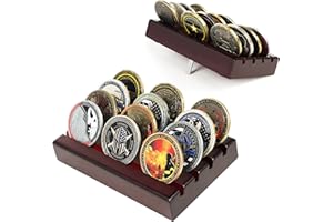 DecoWoodo Challenge Coin Holder Display Case - 4 Row Solid Wood Military Rack - Small Army Stand Holds 12 Coins, Mahogany Finish