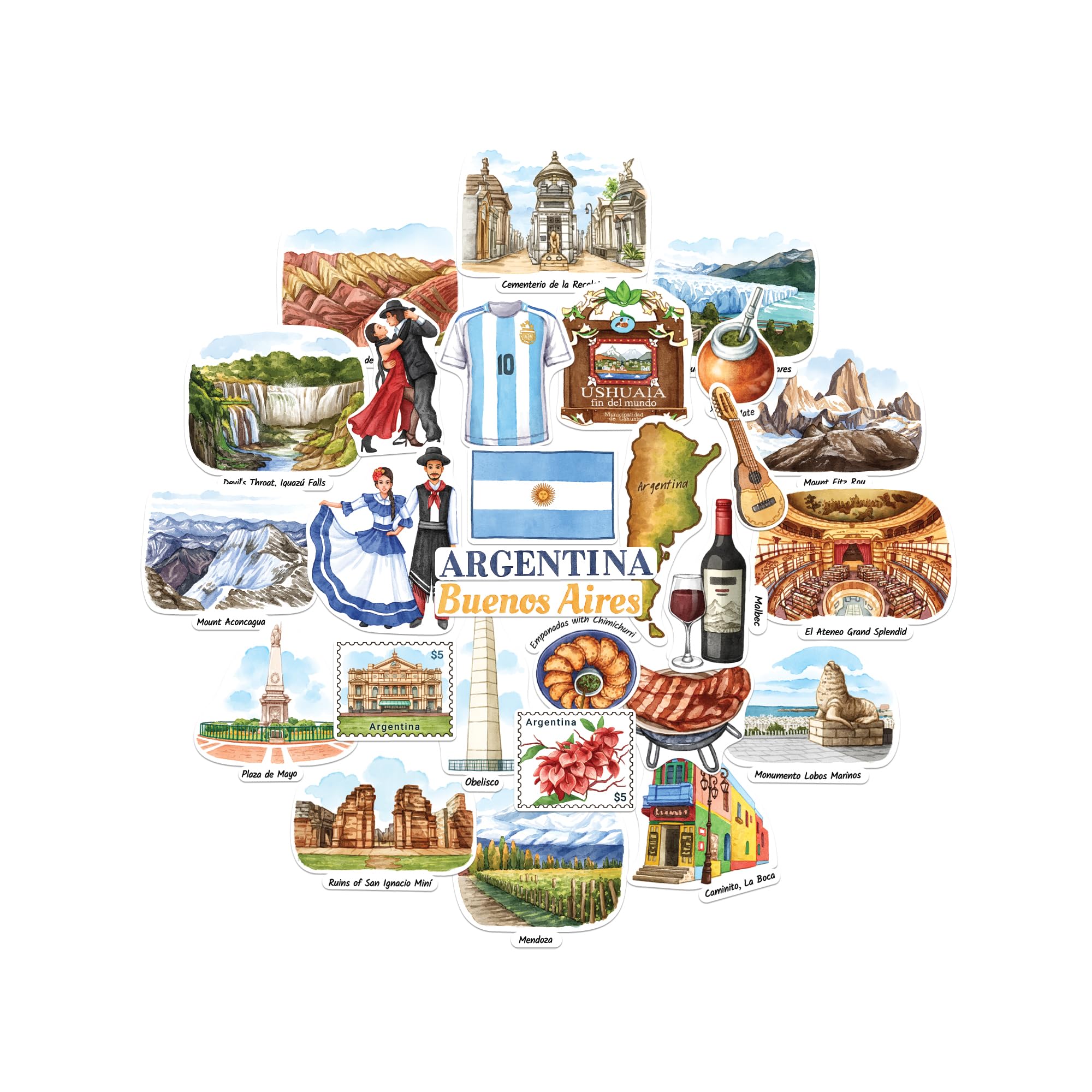 Navy Peony Alluring Argentina Statement Stickers - Hand-Illustrated Watercolour, Glossy, Waterproof - for Suitcases, Laptops, Water Bottles (28-Piece Set)