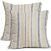 Blue Yellow Boho Striped Pillow Covers 18X18 Inch Set of 2, Navy Yellow Grey Gray Herringbone Print Pattern Decorative Throw Pillow Covers Outdoor Farmhouse Cushion Case Couch Sofa Bed Decor