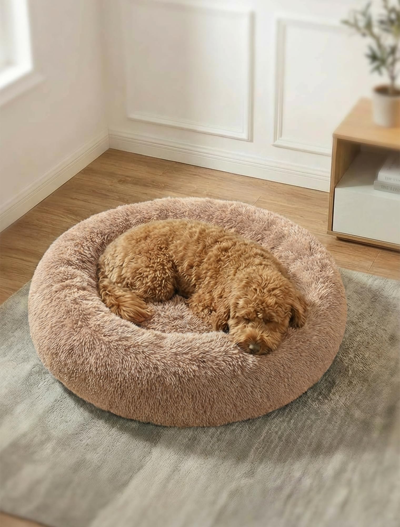 Dog Bed Medium Donut Washable - 20cm Extra Thick Padded Base Plush Calming Bed Round Cat Cushion, Anti-Anxiety & Non-Slip Bottom - Soft Luxury Puppy Kennel Faux Fur Improved Sleep 60cm Diameter