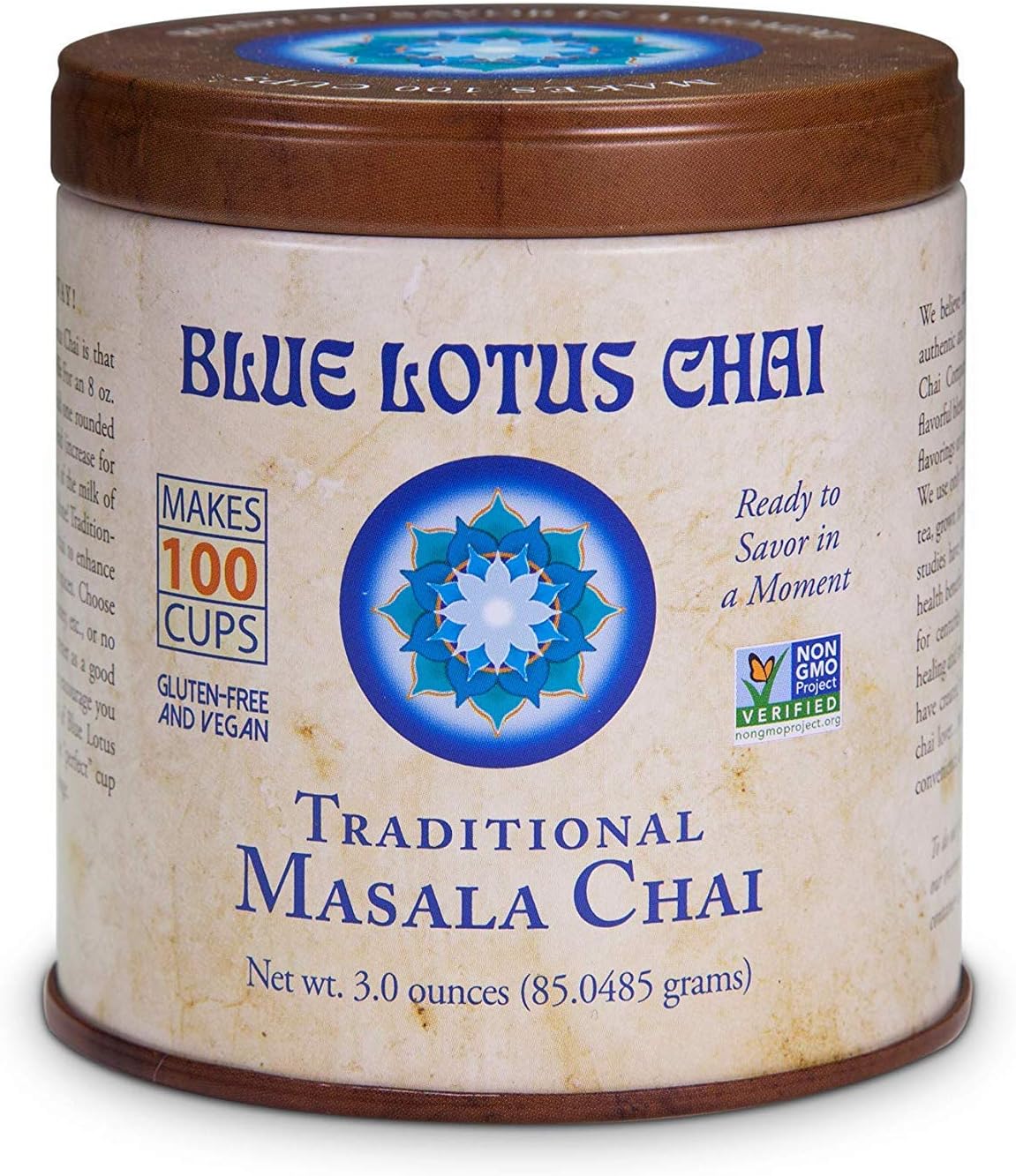 Blue Lotus Chai - Golden Masala Chai - Makes 100 Cups - 3 Ounce Masala Spiced Chai Powder with Organic Spices - Instant Indian Tea No Steeping - No Gluten (Traditional Masala 2 Pack)