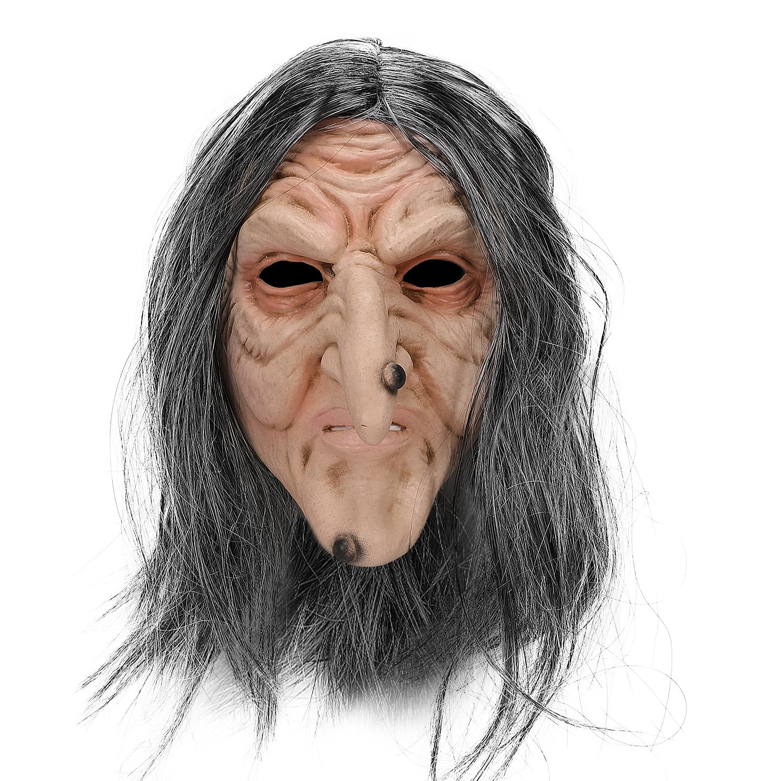 Makoike Old Witch Mask with Hair Realistic Latex Old Woman Witch Masks Carnival Halloween Costume Cosplay Scary Props