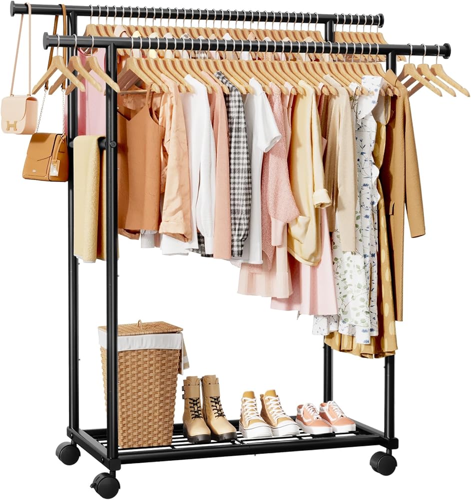 Sakugi Clothing Rack - Double Rod Coat Rack with Fixed Extension Bar, Built-In Mesh Shelf &amp; Lockable Wheels, Multi-Purpose Cl