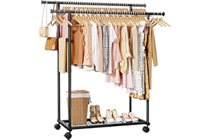 Sakugi Clothing Rack - Double Rod Coat Rack with Fixed Extension Bar, Built-In Mesh Shelf & Lockable Wheels, Multi-Purpose Cl
