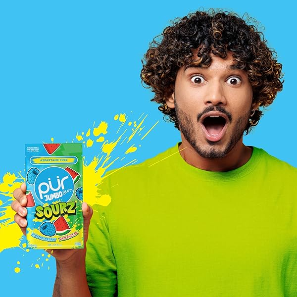 PUR JUMBO SOURZ GUM | ASPARTAME FREE CHEWING GUM | 100% XYLITOL | NATURAL FLAVOR | SOUR BLUE RASPBERRY, SOUR WATERMELON, 20 PIECES (PACK OF 1)