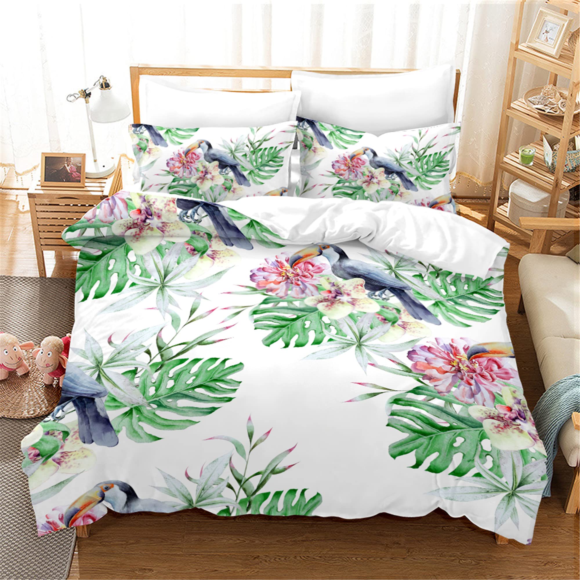 HOMHOMHA Palm Leaf Duvet Cover Set,Palm Leaf Toucan and Flowers Pattern Bedding Duvet Cover Zipper Closure Toucan Bedspread for Kids Adults Bedroom,Simple Green White Plants Duvet Cover,Double Size