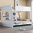 RuiSiSi Full XL Over Queen Bunk Bed with Storage, Modern Wood Bunk Bed with Storage Shelves and USB Ports for Kids Teens Adults, Space-Saving with Ladder, Guardrail, Antique White