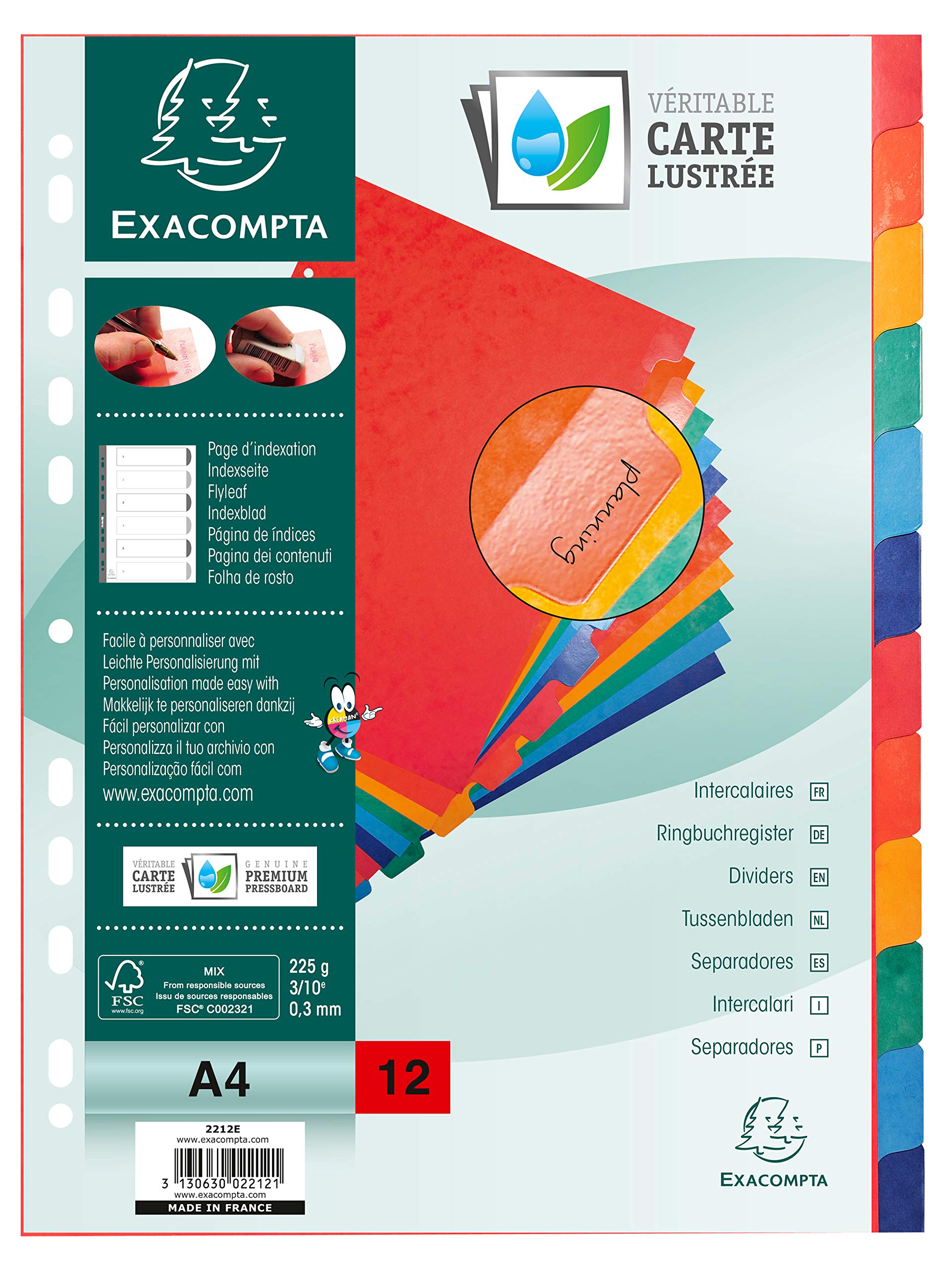 Exacompta - Ref 2212E - Nature Future Dividers - Suitable for A4 Documents, Pre-Punched, 225gsm Genuine Pressboard, 12-Part Dividers, FSC-Certified - Multi-Coloured