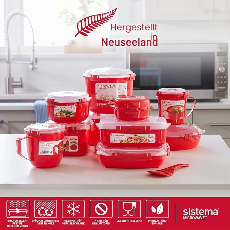 Microwave Suppentasse, mittelgroß | mikrowellenfeste Frischhaltedose | 656 ml | BPA-frei | rot | 3 Stück