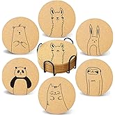 Cegkuc Coasters for Drinks with Holder Set of 6, Cute Animals Coaster Bulk for House Warming Gifts for New Home Couples Absorbent Cork Wood Cup Desk Coffee Table Office Kitchen Decor, Round 4"