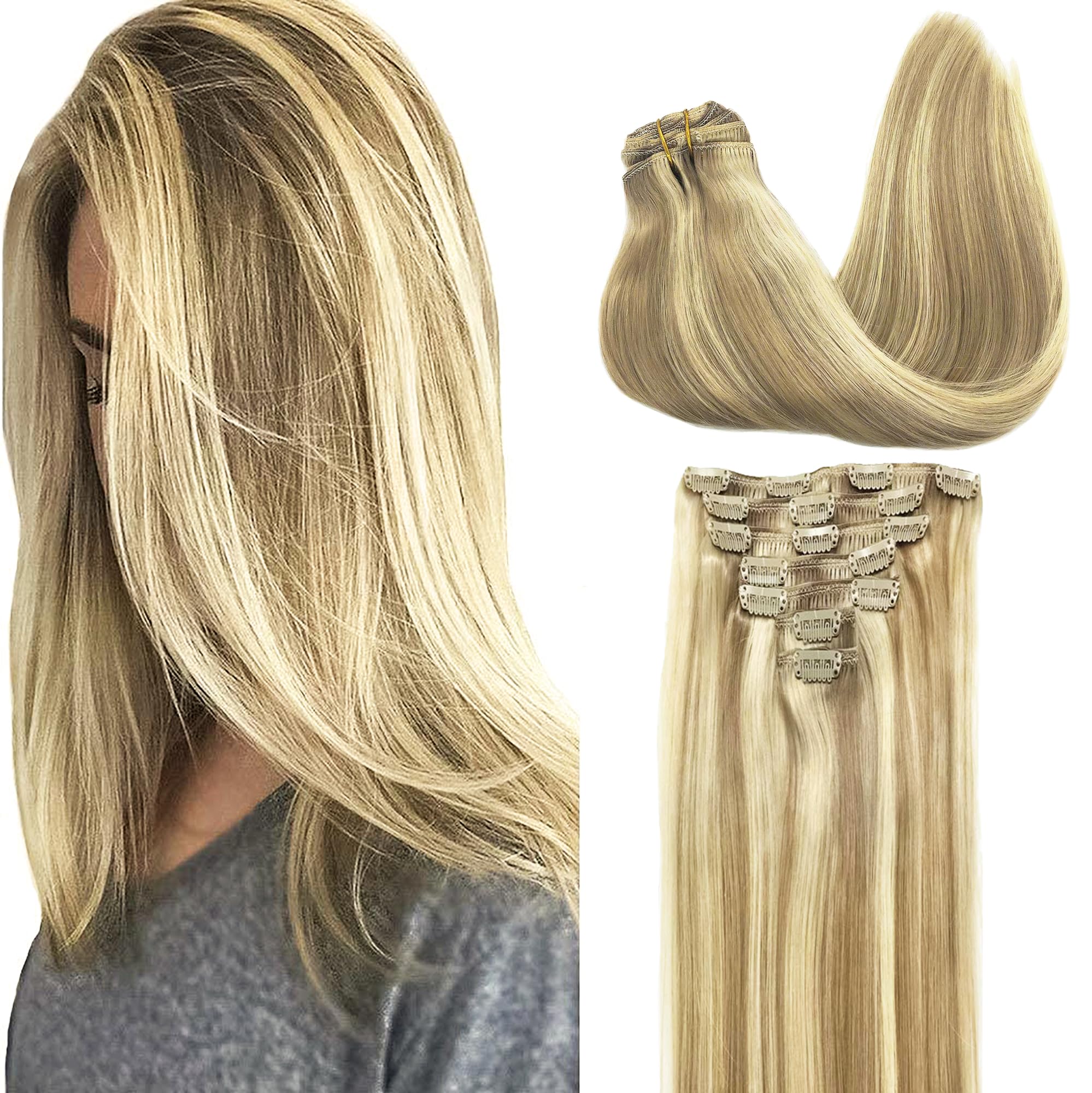 GOO GOO Clip in Human Hair Extensions, 24inch 120g 7pcs, Hair Extensions Clip in, 16/22A Light Highlight Golden Blonde