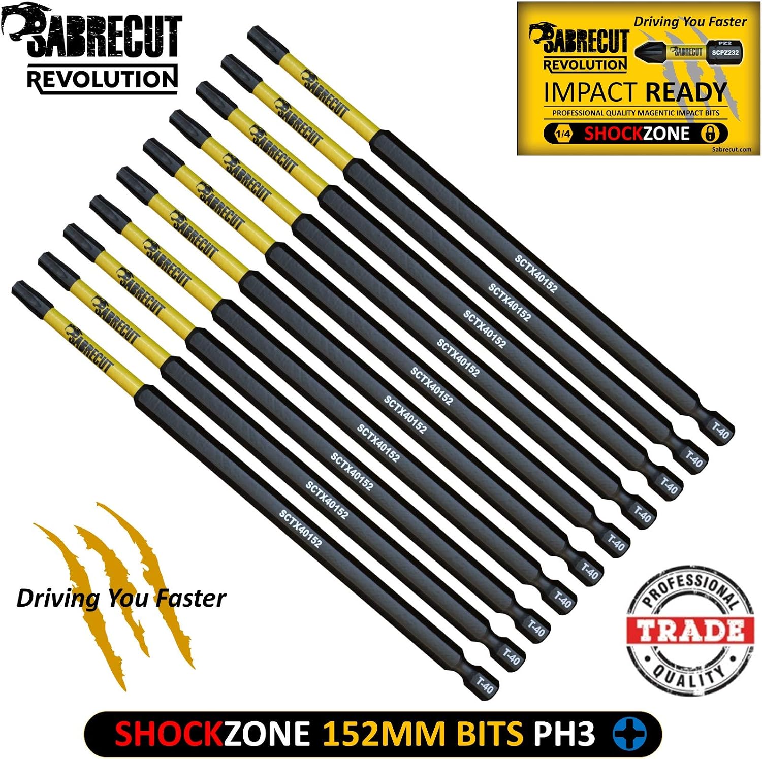 10 x SabreCut SCTX40152_10 152mm T40 TX40 Magnetic Impact Screwdriver Driver Bits Set Torx Heavy Duty, 152 mm - Image 3