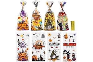 LHOCM Halloween Treat Bags, Halloween Candy Bags, Halloween Cellophane Treat Bags, 60PCS Plastic Halloween Cookies Goodie Gift Bags with Ties for Halloween Trick or Treat Party Favors Supplies, 4 Style