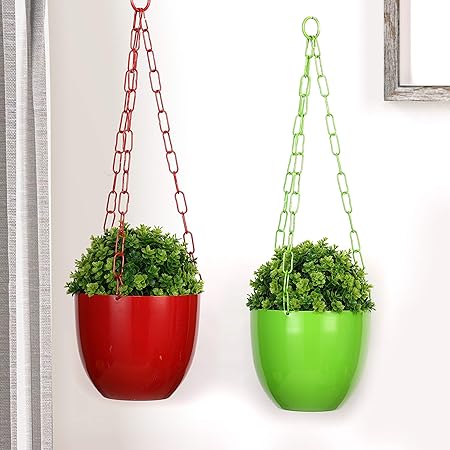Homspurts The Chained Frustums Metal Hanging Planter Pots for Indoor Plants with Chain (Iron, Set of 2) - Stylish Hanging Planters for Balcony Decorative Terrace Hanging Pots Plant Containers