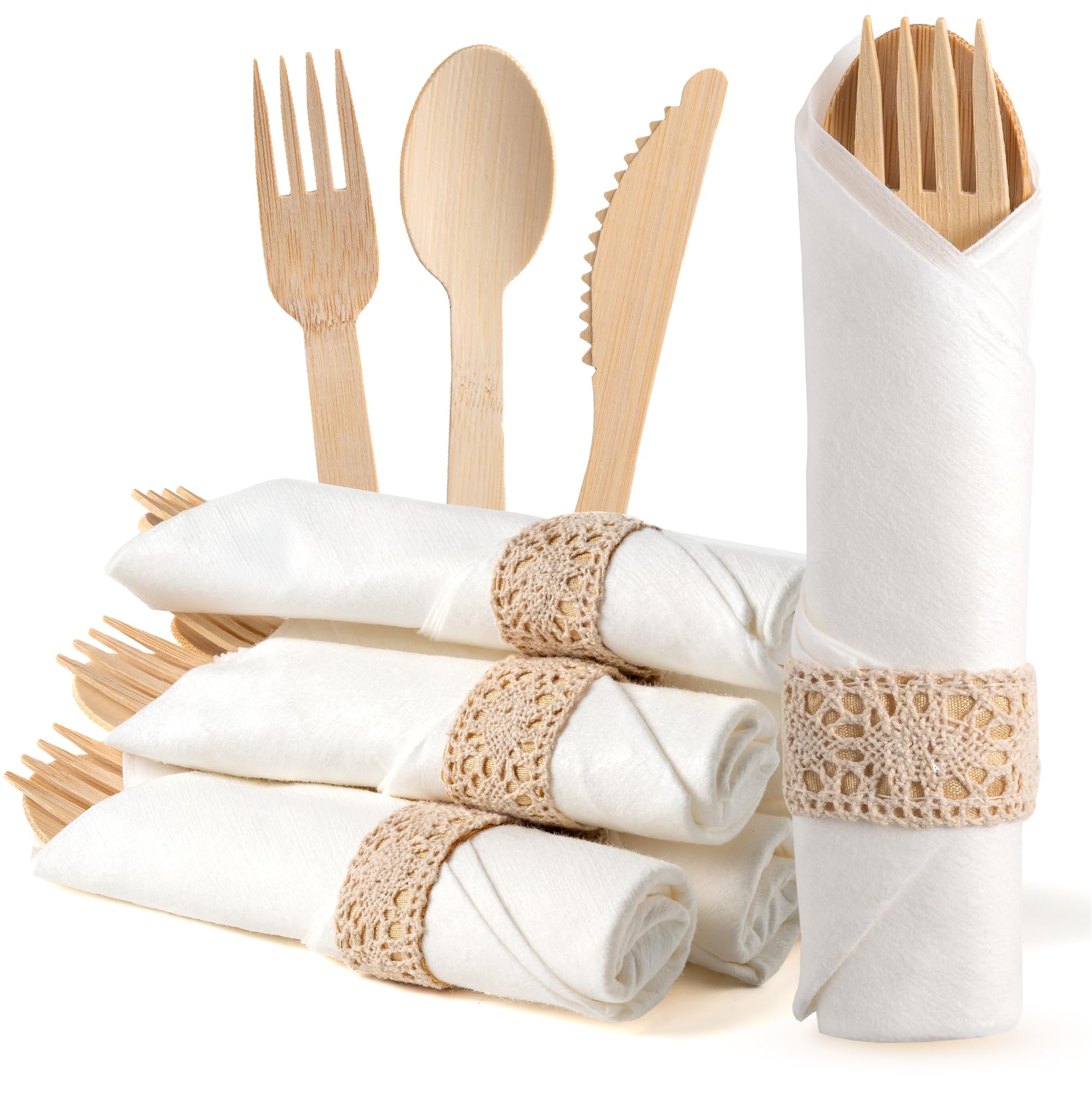 Photo 1 of Pre Rolled Napkin and Bamboo Cutlery Set - 30 Pack Bamboo Utensils Wooden Cutlery 30 Forks 30 Knives 30 Spoons 30 Napkins, Pre Wrapped Disposable Silverware Cutlery for Party, Wedding, Events