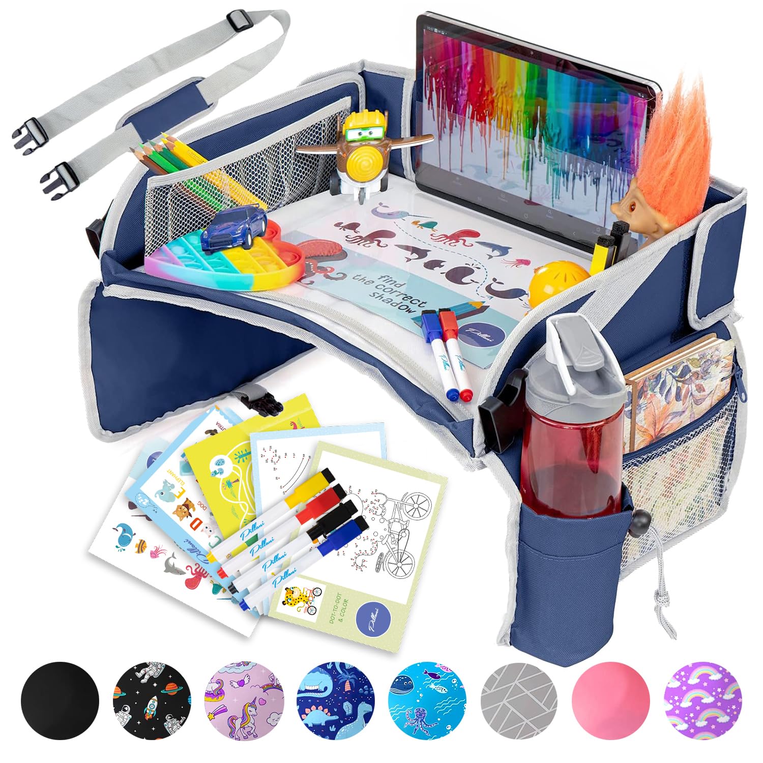 Photo 1 of PILLANI Kids Travel Tray for Car - Car Seat Tray for Kids Travel, Road Trip Essentials Must Haves - Carseat Table Roadtrip Activities - Toddler Lap Desk Organizer for Airplane - Kids Travel Essentials