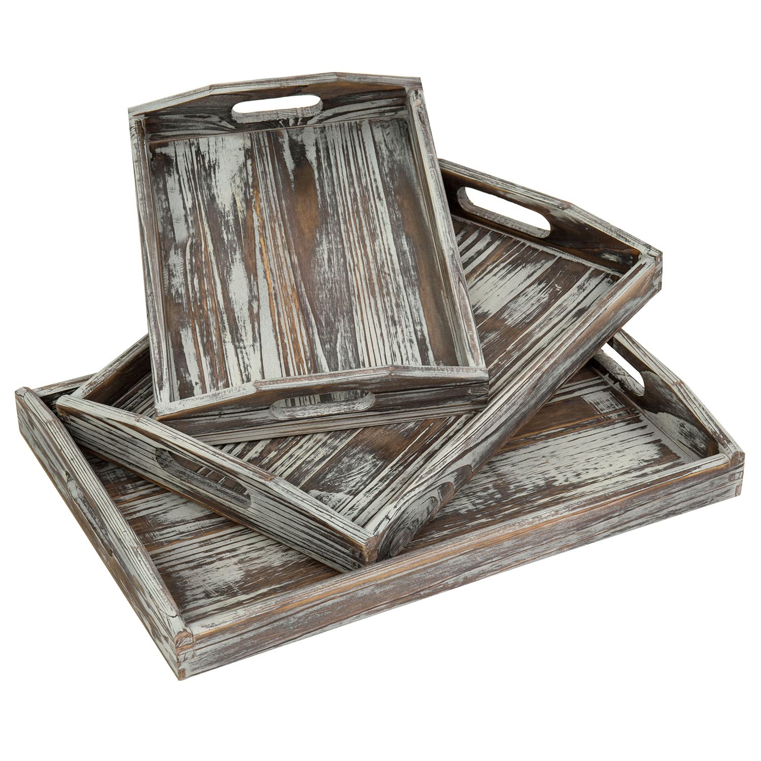Photo 1 of MyGift Rustic Solid Torched Wood Serving Trays, Stylish Decorative Tray Nesting Breakfast, Ottoman, Coffee Table Tray with Handles, 3-Piece Set