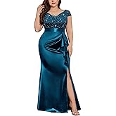 MISSMAY Women's Plus Size V Neck Sequin Lace with Satin Ruffle Trim Slit Mermaid Hem Evening Party Fomal Dress
