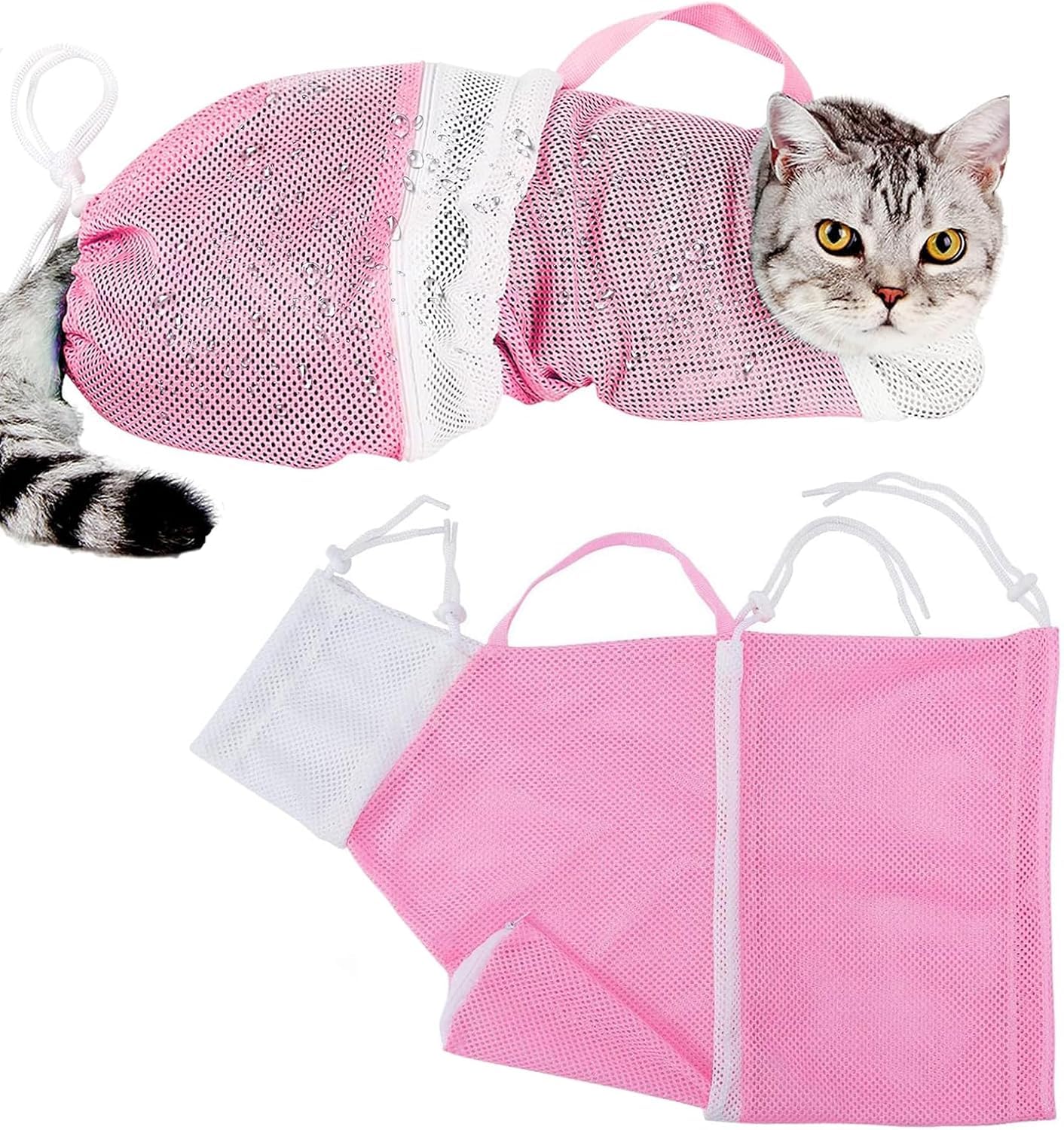 Yoogeer Adjustable Cat Bathing Grooming Bag, Puppy Dog Pet Cleaning Shower Net Bag, Anti-Bite Scratch Cat Restraint Bag For Shower, Cleaning Ear, Medicine Feeding, Nail Trimming (Pink + White)