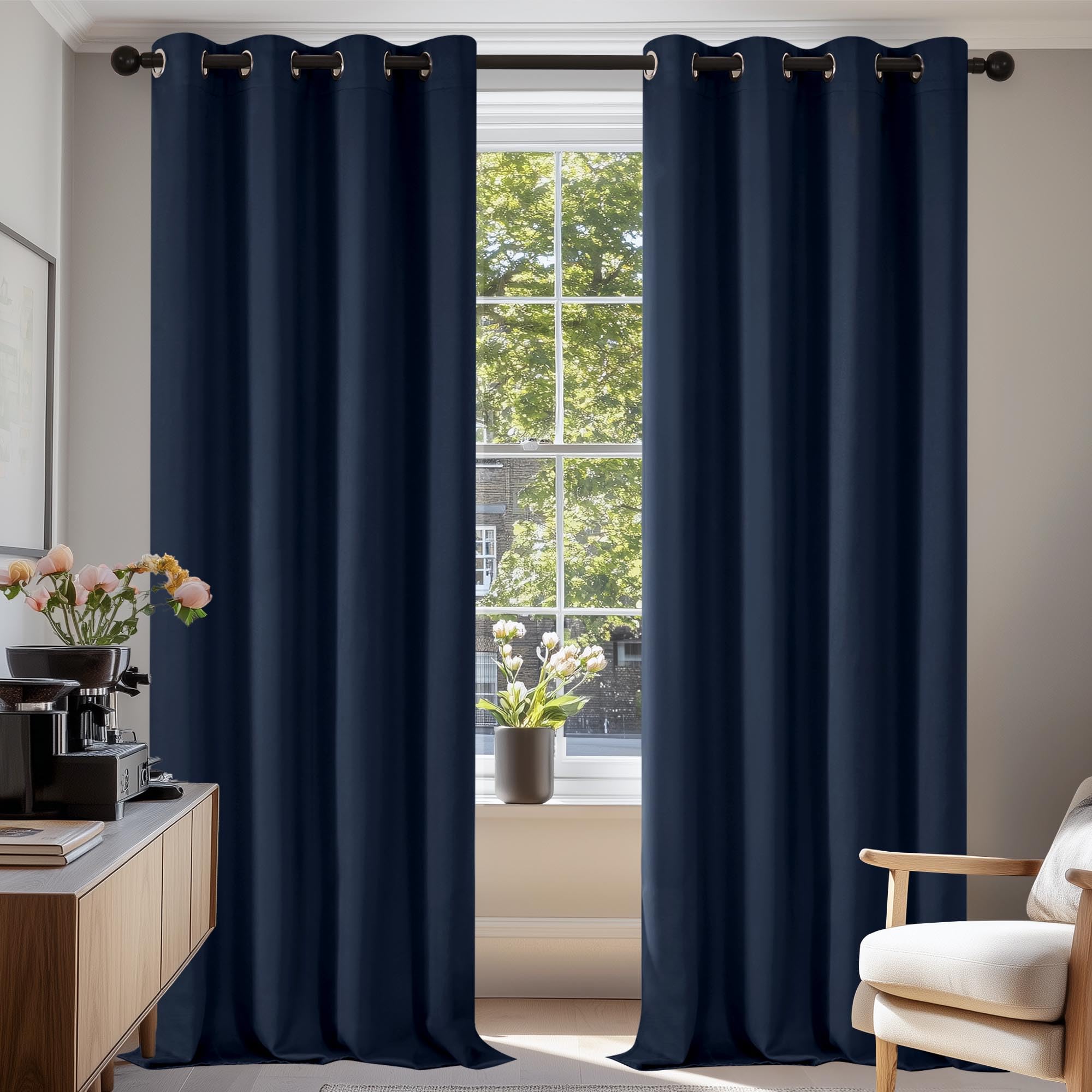 Deconovo Curtains 84 Inch Drop Super Soft Eyelet Curtains Thermal Insulated Noise Reducing Blackout Curtains for Bedroom Navy Blue 46 x 84 Inch 2 Panels