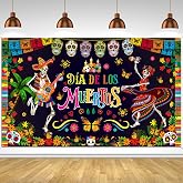 HOWAF Dia De Los Muertos Backdrop, Day of the Dead Party Decoration, Sugar Skull Marigold Flower Banner for Halloween Mexican Fiesta