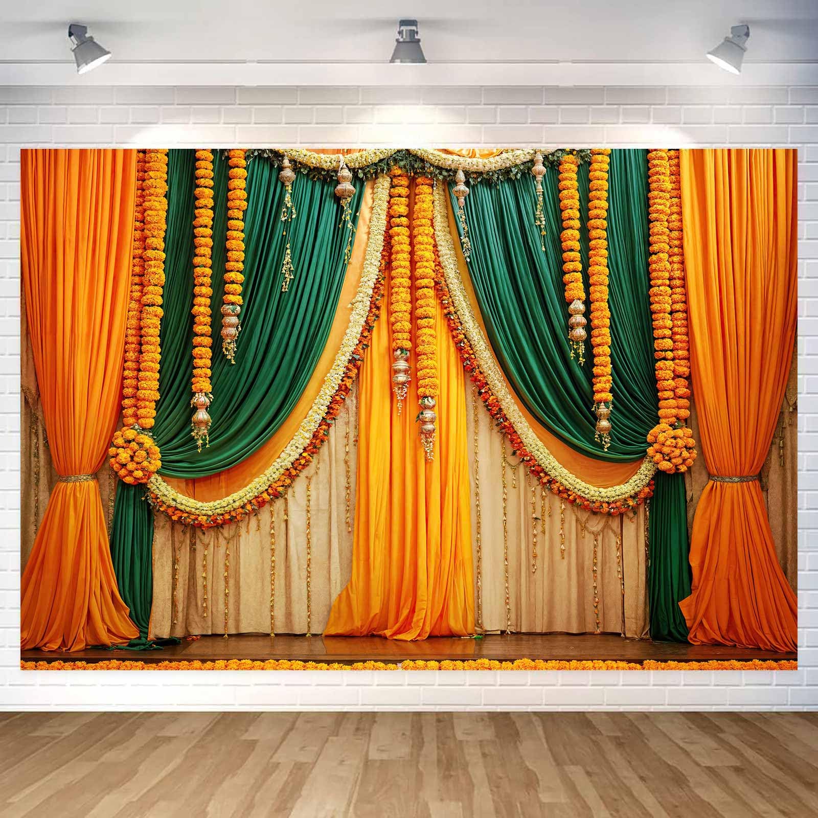 Photo 1 of 10x8ft Indian Ceremony Backdrop for Photography Puja Ganpati Backdrop Indian Wedding Bridal Shower Party Marigold Wreath Photo Prop Happy Holi Diwali Pooja Party Decor