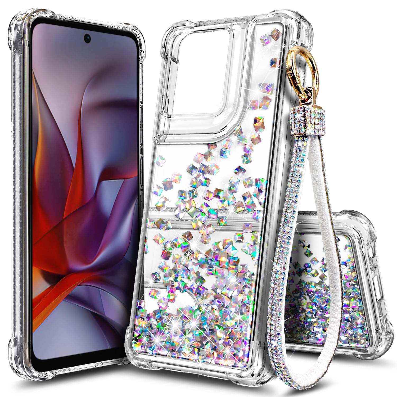 WDHD Compatible with Motorola Moto G-Power-2025/2026 Case, Crystal Gem | Bling Sparkly Glitter Floating Liquid Waterfall Cute Phone Cover for Women Girls Kids with Diamond Wrist Strap Lanyard