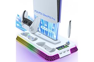 Lictin PS5/Pro/Slim Stand and Cooling Station, Dual Controller Charging Station with Ambient RGB Lighting for PlayStation 5 Console, PS5 Stand Controller Charger for Disc & Digital with Cooling Fan